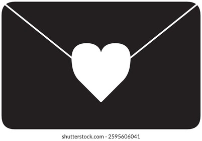 A minimalistic icon of a black envelope with a white heart, representing sentiments of love, affection, and meaningful communication. Suitable for themes involving romance, relationships, and connecti