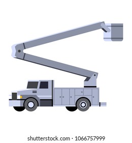 Minimalistic icon bucket truck front side view. Aerial work bucket vehicle. Vector isolated illustration.