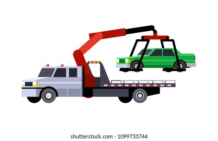 Minimalistic icon car hauler truck with crane boom front side view. Car carrier vehicle. Vector isolated illustration.