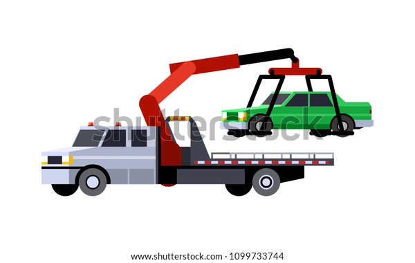 Minimalistic icon\
car hauler truck with crane boom front side view. Car carrier\
vehicle. Vector isolated\
illustration.