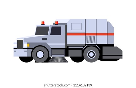 Minimalistic icon city sweeper truck front side view. Street sweeper vehicle. Modern vector isolated illustration. COE - cab over engine