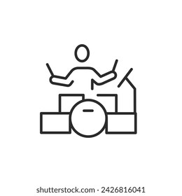 A minimalistic icon depicting a person playing the drums in a line art style.Drummer during the concert.Vector illustration