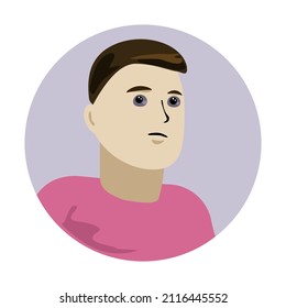Minimalistic icon depicting a young guy in a pink t-shirt on a gray-blue background