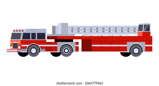 Minimalistic icon fire truck tractor ladder front side view. Fire truck emergency vehicle. Vector isolated illustration.