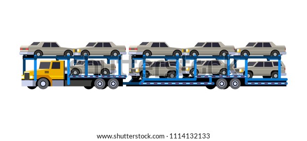 Minimalistic icon of loaded car carrier\
truck front side view. Car hauler with trailer vehicle. Modern\
vector isolated\
illustration.