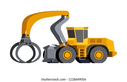 Minimalistic Icon Log Handler Front Side View. Log Handler High-lift Vehicle For Working At Saw Mill Or Lumber Yard. Modern Vector Isolated Illustration.