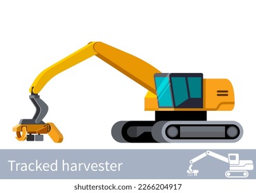 Minimalistic icon log harvester. Harvester vehicle for worknig at forest area for delimbing, cutting and sorting wood pile. Modern vector isolated illustration.