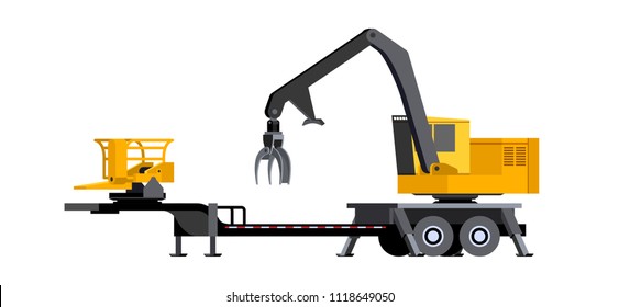 Minimalistic icon log loader with delimber and bar saw slasher front side view. Vehicle for working at forest area for delimbing, cutting and sorting wood pile. Modern vector isolated illustration.