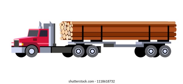 Minimalistic icon logging truck trailer with logs front side view. Logging tractor truck vehicle. Vector isolated illustration.