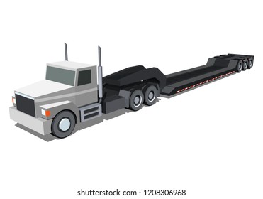 Minimalistic icon lowboy loader trailer truck front side view. Semi trailer tractor vehicle. Vector isolated illustration.