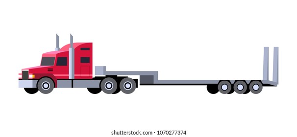 Minimalistic icon lowboy trailer truck front side view. Semi trailer tractor vehicle. Vector isolated illustration.