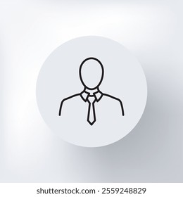 Minimalistic icon of a man in a business suit with collar and tie on a light gray background.