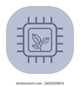 Minimalistic icon of microchip design with leaves integrated into center. Fusion of technology and nature, sustainability in innovation concept