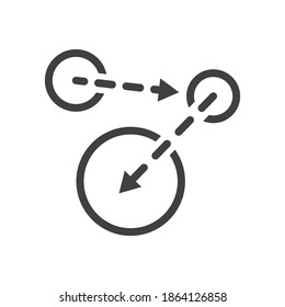 A minimalistic icon of moving from one point to another. An image of three spheres and arrows between them from one to the other. Isolated vector on white background.