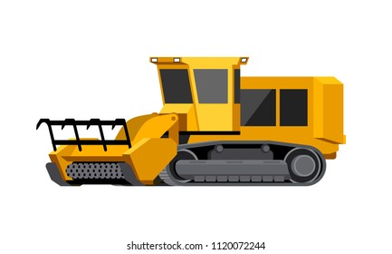 Minimalistic icon mulcher. Tracked stump mulcher vehicle for worknig at forest area. Modern vector isolated illustration.