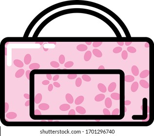 Minimalistic icon with a pink women bag with a pattern of flowers