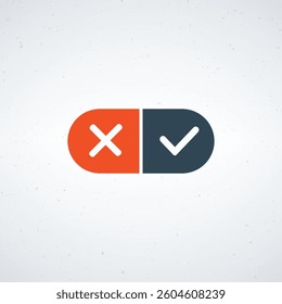 A minimalistic icon with a red 'X' on the left and a blue checkmark on the right, representing a choice or decision.