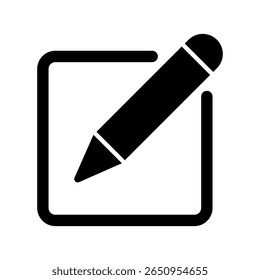 Een minimalistisch pictogram met een potlood dat een vierkant overlapt, als symbool voor het bewerken of bijwerken van inhoud.
