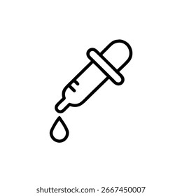 A minimalistic icon shows a pipette releasing a single drop. Represents science, research, medicine, and careful measurement. Outlined style.