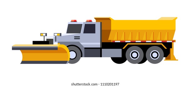 Minimalistic Icon Snow Plow Truck Front Side View. Utility Snow Removal Vehicle. Vector Isolated Illustration.