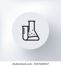 Icono minimalista de un tubo de ensayo con líquido en el interior, cristalería de laboratorio en un círculo sobre un fondo gris claro.