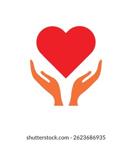 Minimalistic icon of two orange hands holding a red heart, symbolizing love, care, support, and health. Perfect for charity, wellness, or medical-themed designs.