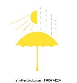 Minimalistic icon of the umbrella, rain and sun. Yellow flat umbrella, lined rain drops and half of the sun with beams. Design element for web, app and print usage.