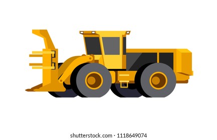 Minimalistic icon wheeled feller buncher front side view. Feller vehicle. Modern vector isolated illustration.