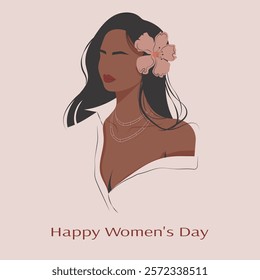 Minimalistic illustration of a beautiful young woman in a light shirt and with a flower on her head. Card for Women's Day in soft natural shades. Vector, flat design. Faceless.
