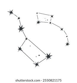 Ilustração minimalista das constelações Big Dipper e Little Dipper em preto e branco. Perfeito para astronomia, astrologia, olhar para as estrelas e projetos com temas celestes.