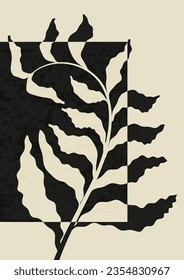 Minimalistic Illustration with black leaf poster. Aesthetic poster in memphis style.