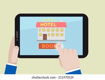 minimalistic illustration of booking a hotel room on a mobile device, eps10 vector