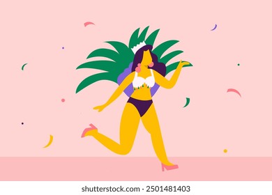 
Minimalistic illustration of a Brazilian dancer at a Carnival party: vibrant costume, colorful feathers, and an energetic pose, capturing the festive spirit. 