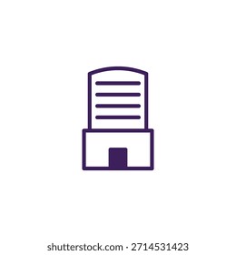 Uma ilustração minimalista de um edifício, usando linhas limpas para representar uma estrutura arquitetônica. Este ícone gráfico sugere um design moderno, retratando temas da vida urbana e do comércio,