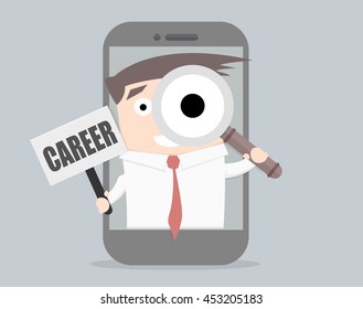 minimalistic illustration of a businessman coming out of a cell phone, holding a career sign and magnifying glass, eps10 vector