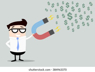 minimalistic illustration of a businessman holding a red and blue horseshoe magnet attracting dollars, eps10 vector