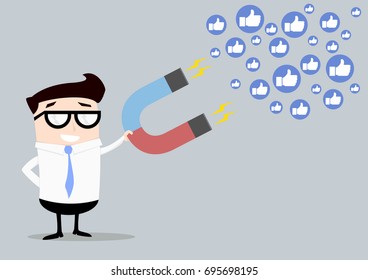 minimalistic illustration of a businessman holding a red and blue horseshoe magnet attracting likes, social media and influencer marketing concept, eps10 vector
