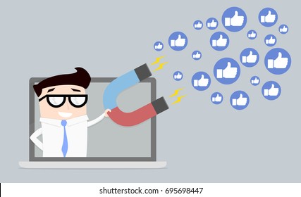 Minimalistic Illustration Of A Businessman On A Computer Screen Holding A Magnet Attracting Likes, Social Media And Influencer Marketing Concept, Eps10 Vector