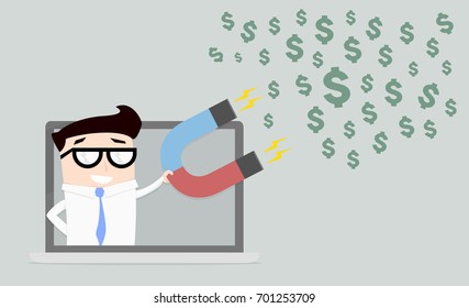 minimalistic illustration of a businessman on a laptop screen holding a red and blue horseshoe magnet attracting dollars, eps10 vector