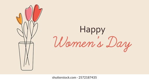 Minimalistic Illustration Celebrating International Women's Day With Flowers in a Vase. A simple and elegant illustration featuring a decorative vase with colorful flowers and the text 'Happy Women's 