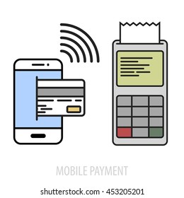 minimalistic illustration of a cellphone next to a pos terminal, mobile payment concept, eps10 vector