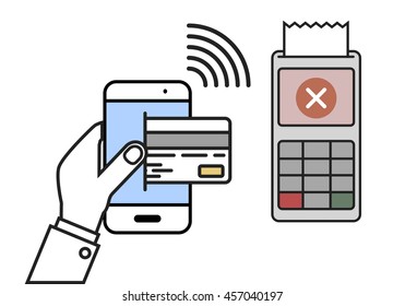 minimalistic illustration of a cellphone next to a pos terminal with declined payment, mobile payment concept, eps10 vector