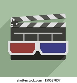 minimalistic illustration of a clapper board with 3D glasses on top, symbol for film and video