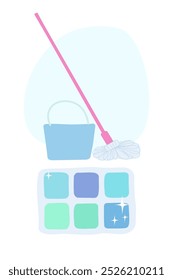Minimalistic illustration for cleaning including items without people. Cartoon style, cool colors. 
