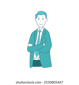 Minimalistic illustration of a confident man in a business suit with crossed arms, ideal for corporate or professional use.