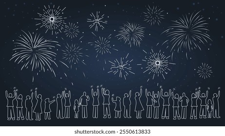 Minimalistic illustration of a crowd of people watching many bright fireworks in the snowy night sky with sparklers in honor of a New Year and Christmas celebration.