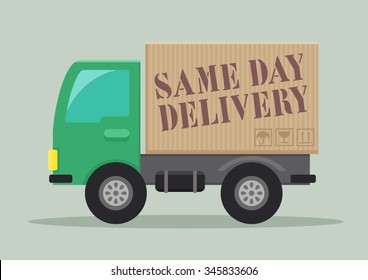minimalistic illustration of a delivery truck with Same Day Delivery label, eps10 vector