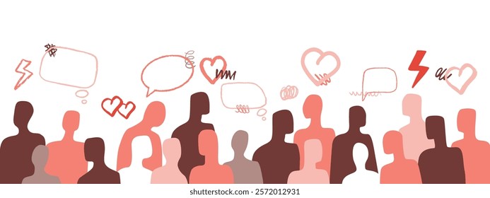 A minimalistic illustration depicting a group of people with hand-drawn hearts and dialogue bubbles above them. The concept of love and unity.