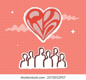 A minimalistic illustration depicting a group of people and a giant heart above them. A symbol of unity, hope and love.