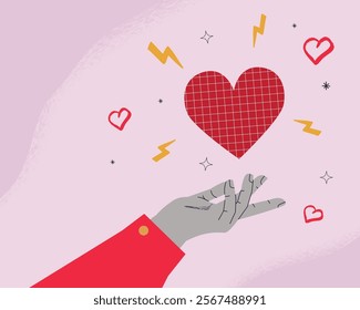 A minimalistic illustration depicting a hand and a heart with lightning bolts above it. Simple abstract design for social media and Valentine's day celebrations. The symbol of the love offering.